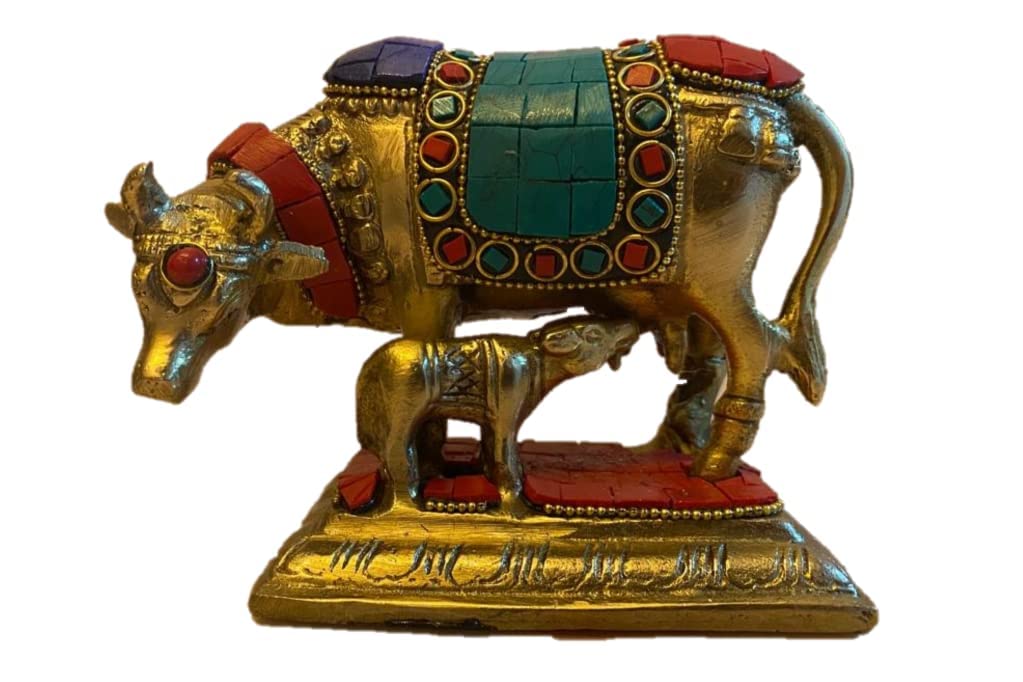 Brass Kamadhenu Cow with Calf Idol Vastu Gau MATA Idol, Spiritual Vastu Nandi Cow & Calf Idol for Home and Office