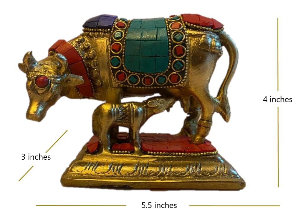Brass Kamadhenu Cow with Calf Idol Vastu Gau MATA Idol, Spiritual Vastu Nandi Cow & Calf Idol for Home and Office