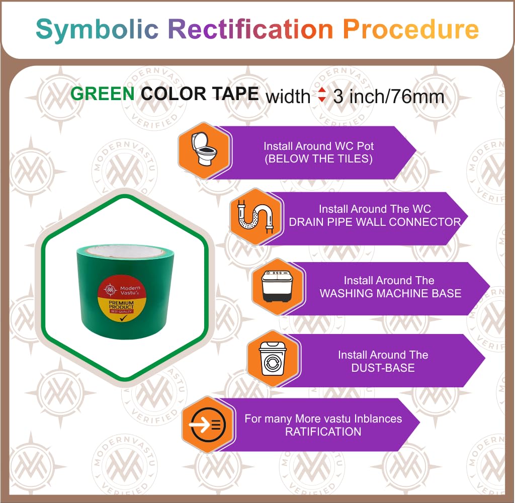 Modern Vastu Green Colour Tape Remedies | Size 3"Inch/76mm, 20 Meter (Main Entrance & Toilet Correction) – Pack of 1 (Green)
