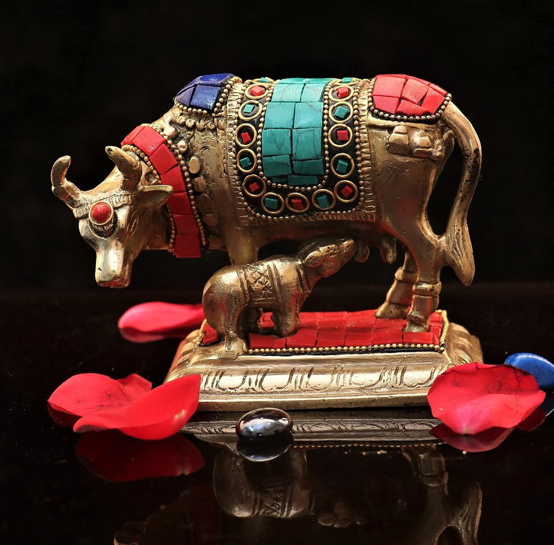 Brass Kamadhenu Cow with Calf Idol Vastu Gau MATA Idol, Spiritual Vastu Nandi Cow & Calf Idol for Home and Office
