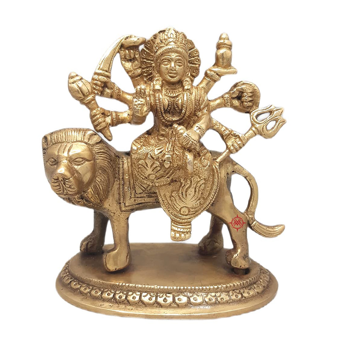 Brass Idol of Maa Durga Statue on Lion for Blessings, Health & Wealth (L 12 Cm/H 13 cm/Wt 1.2 kg)