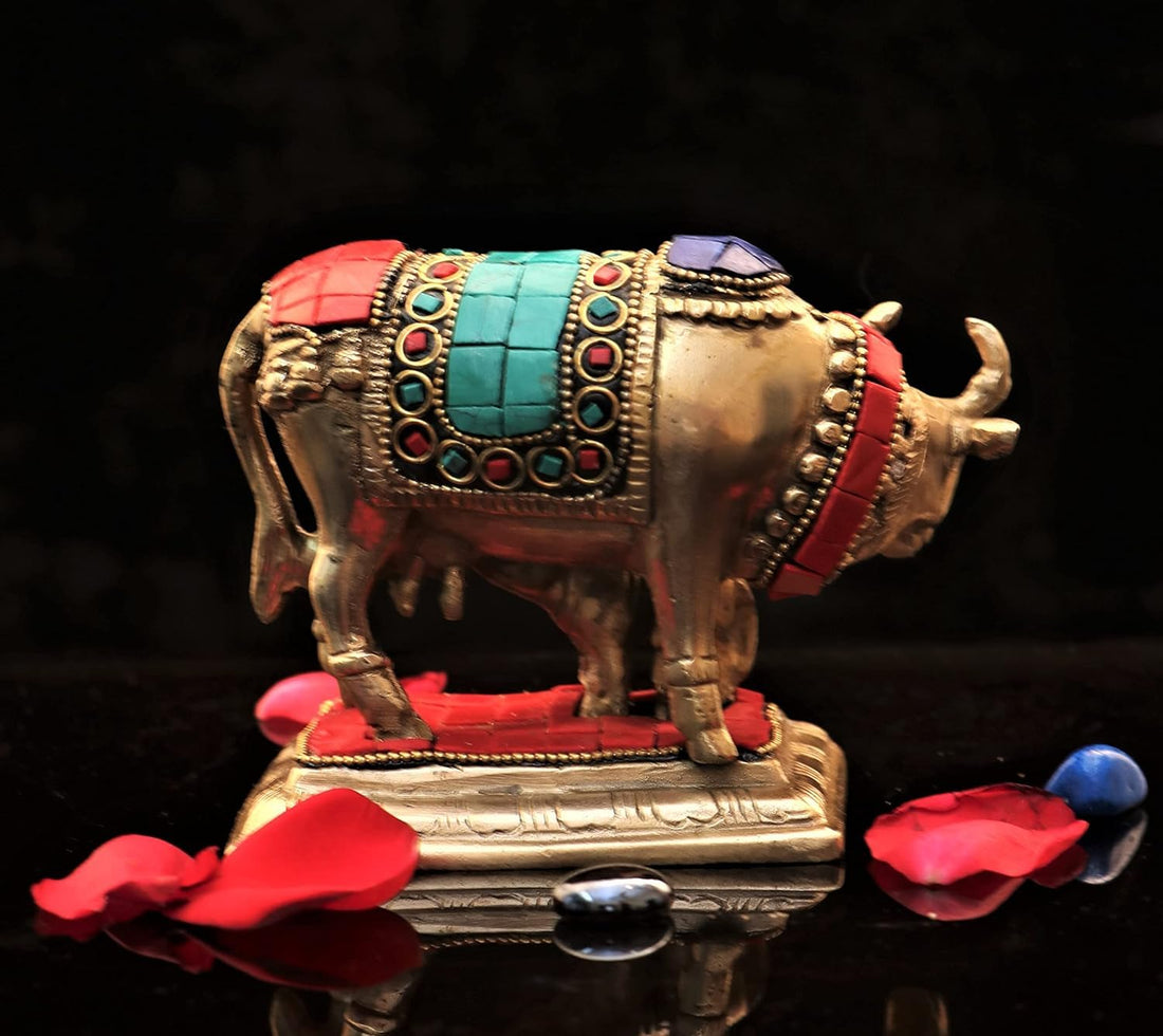 Brass Kamadhenu Cow with Calf Idol Vastu Gau MATA Idol, Spiritual Vastu Nandi Cow & Calf Idol for Home and Office